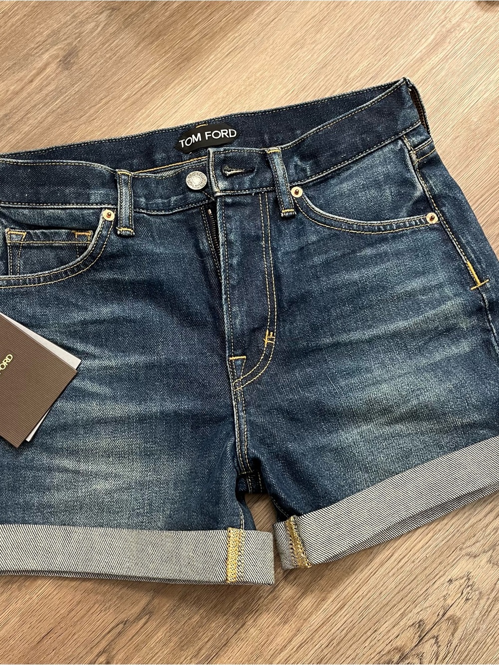 TOM FORD High Waist Rolled Hem Comfort Stone Washed Denim Shorts - 24